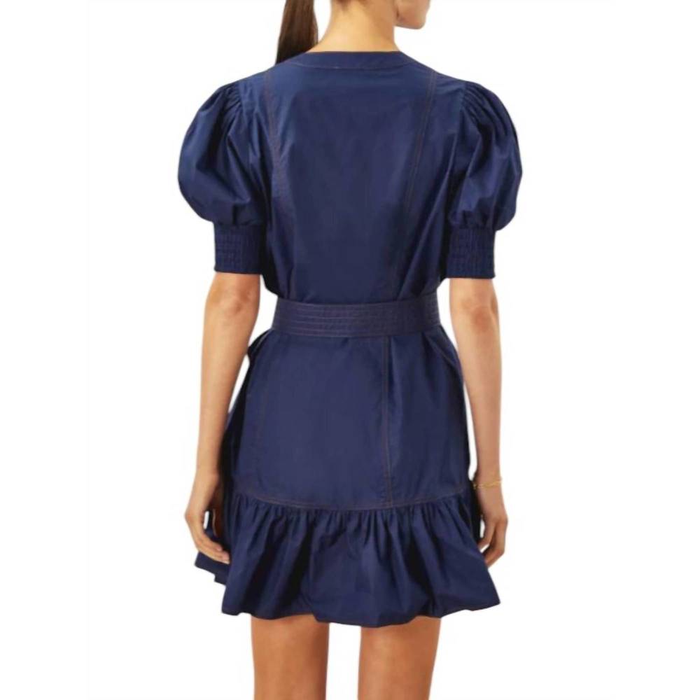 Navy Puff-Sleeve Mini Dress with Waist Tie - Picture 2 of 3